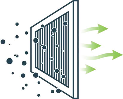 Dark blue rectangular air purifier filter with white circular particles and green arrows indicating airflow