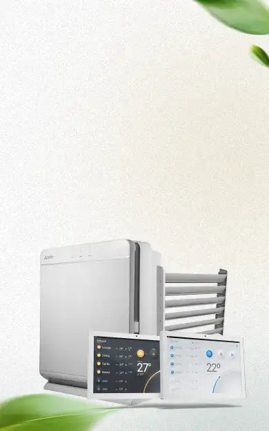 Silver-colored, sleek rectangular air purifier with a digital display showing temperature and humidity readings.