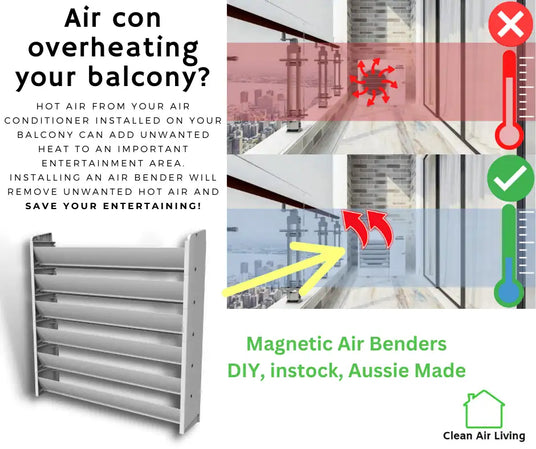 Silver metallic magnetic air bender with horizontal slats for balcony installation