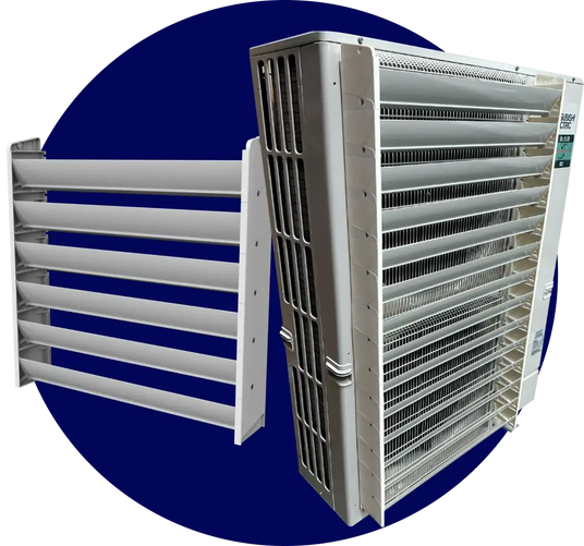 White industrial ventilation grille with horizontal slats and a sturdy metal frame.