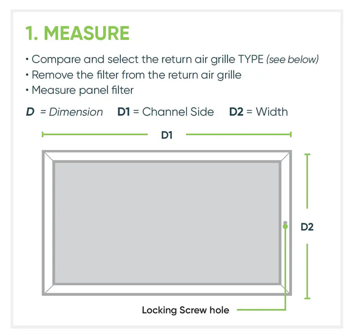 Gray rectangular return air grille with labeled dimensions d1 and d2, featuring a locking screw hole at the bottom right corner.