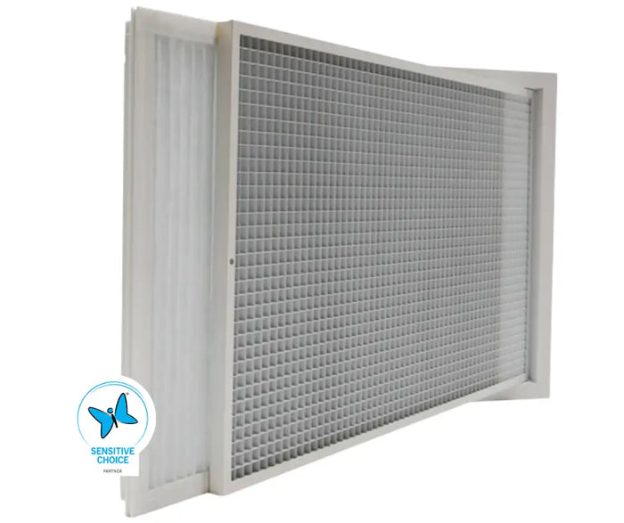 White rectangular air filter with a grid-like pattern and vertical pleats on the sides.